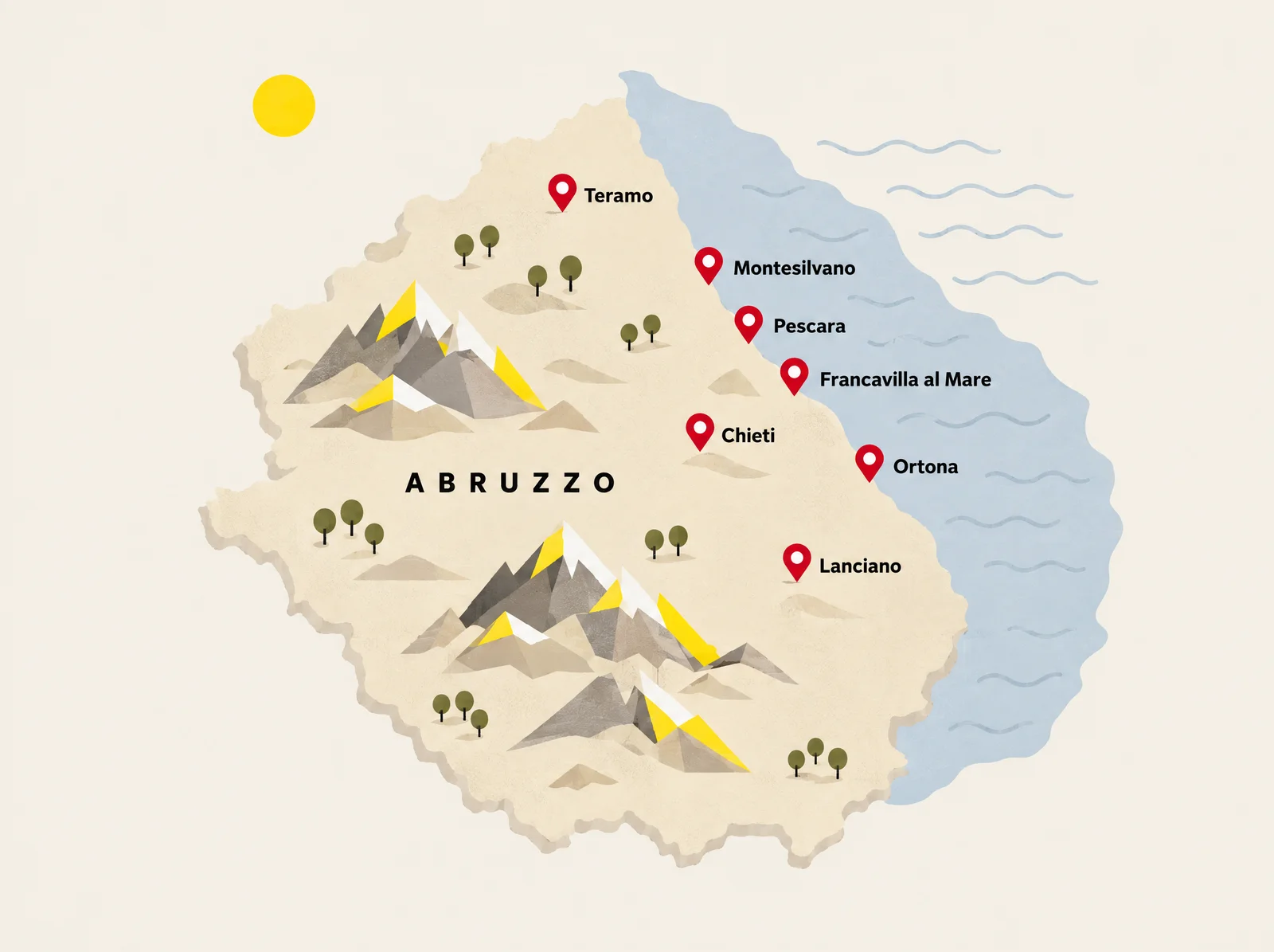 Mappa illustrata dell'Abruzzo con le zone servite da Style Tenda: Teramo, Montesilvano, Pescara, Francavilla al Mare, Chieti, Ortona e Lanciano